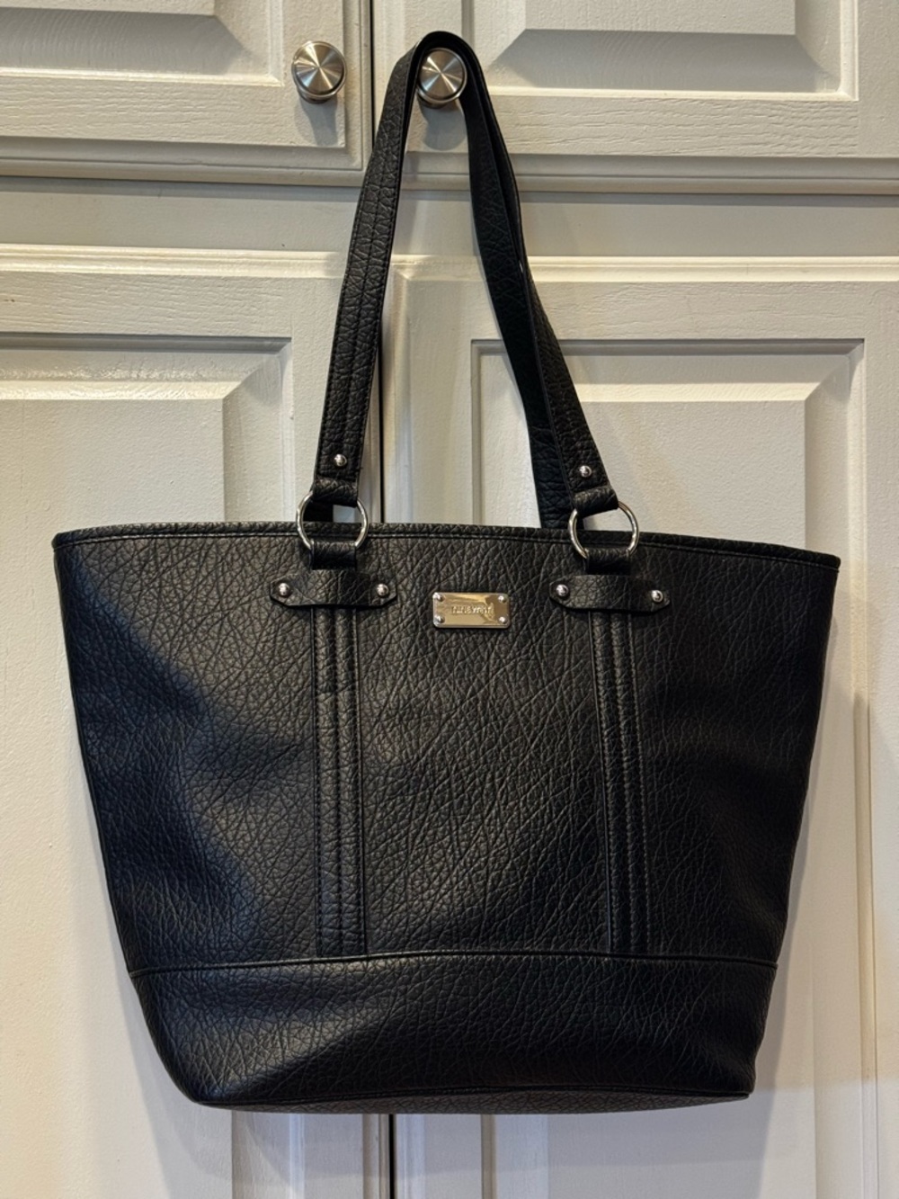 Nine West Black Pebbled Tote Bag Faux Leather & Leopard fabric Handbag Purse